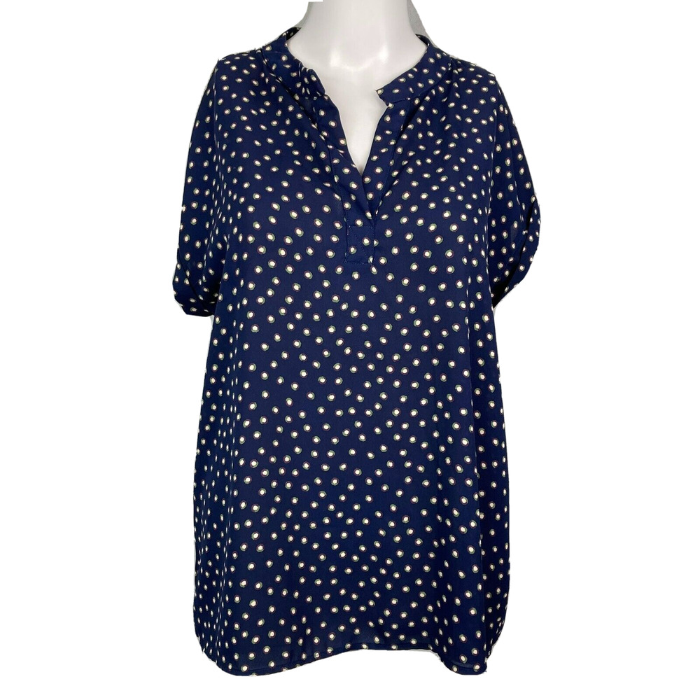 Pleione Shirt Womens Sz‎ S Navy Blue White Polka Dot Short Sleeve V Neck Popover